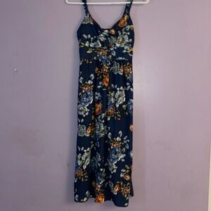 Long Beautiful Navy Blue Floral Dress